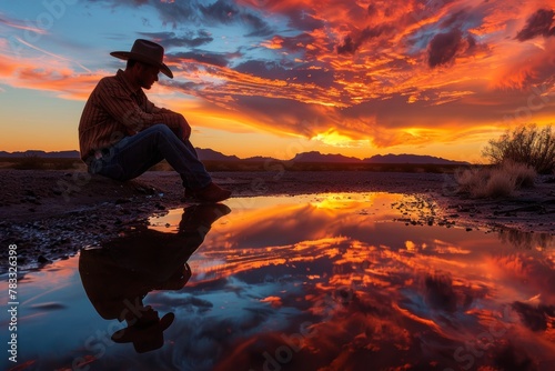 Cowboy reflecting by a water puddle under a vibrant desert sunset