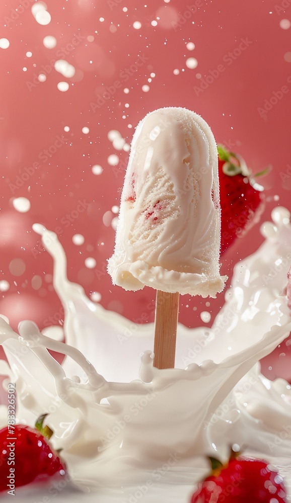 creamy ice cream on a stick on a pink background with strawberries and splashes of cream. summer mood concept.
creamy ice cream on a stick on a pink background with strawberries and splashes of cream. summer mood concept.