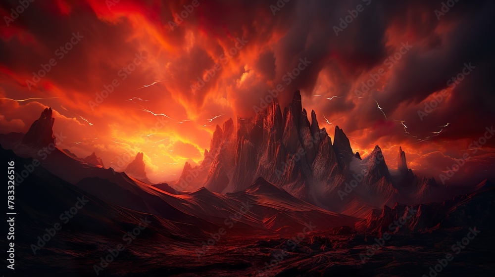 The intense red sky gives an apocalyptic vibe to the rugged mountain landscape, evoking a sense of the end times The intense red sky gives an apocalyptic vibe to the rugged mountain landscape, evoking a sense of the end times