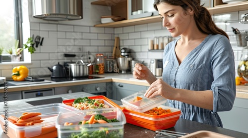A young woman storing food in plastic containers to keep in the refrigerator or freeze.