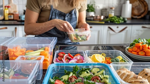 A young woman storing food in plastic containers to keep in the refrigerator or freeze.