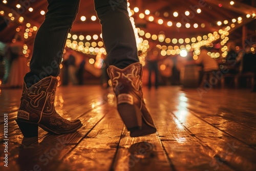 Western style boots under barn lights at cozy evening gathering photo