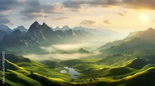 A calm sunrise bathes a green valley in warm light suggesting peace  renewal  and the birth of a new day