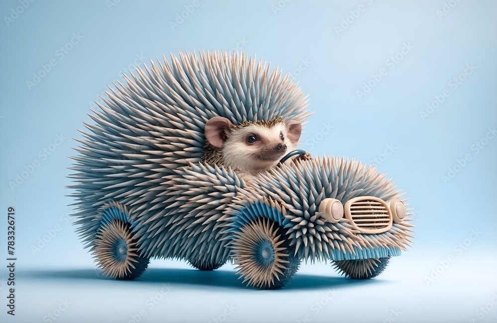 A hedgehog character driving a spiky car A hedgehog character driving a spiky car