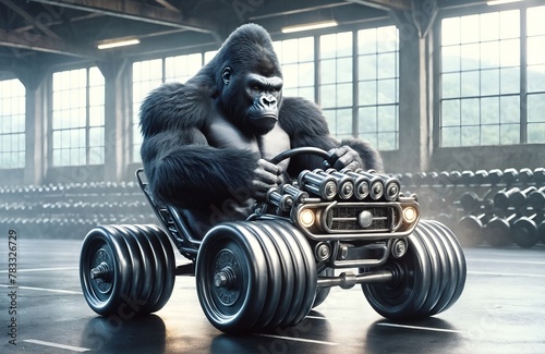 a gorilla character driving a car designed like dumbbells photo