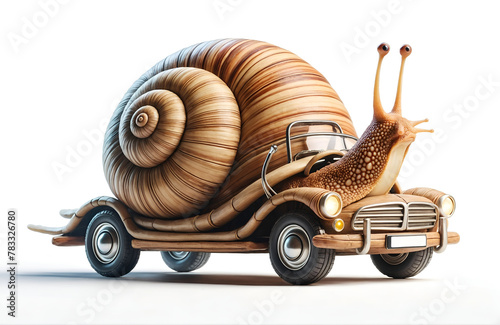 a snail character driving a car designed like a snail shell