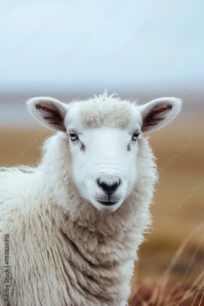 Close up sheep on the blurry North landscape. Organic food concept. Wool production. Farm and agriculture concept with copy space. Close up sheep on the blurry North landscape. Organic food concept. Wool production. Farm and agriculture concept with copy space.