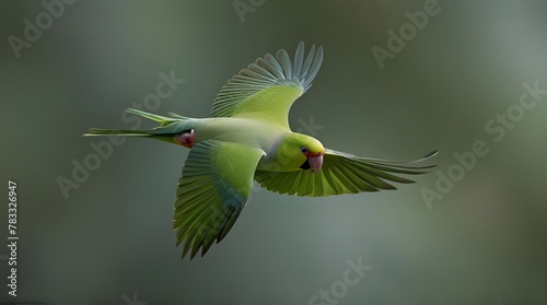 Flying big green ringed or Alexandrine parakeet .Generative AI