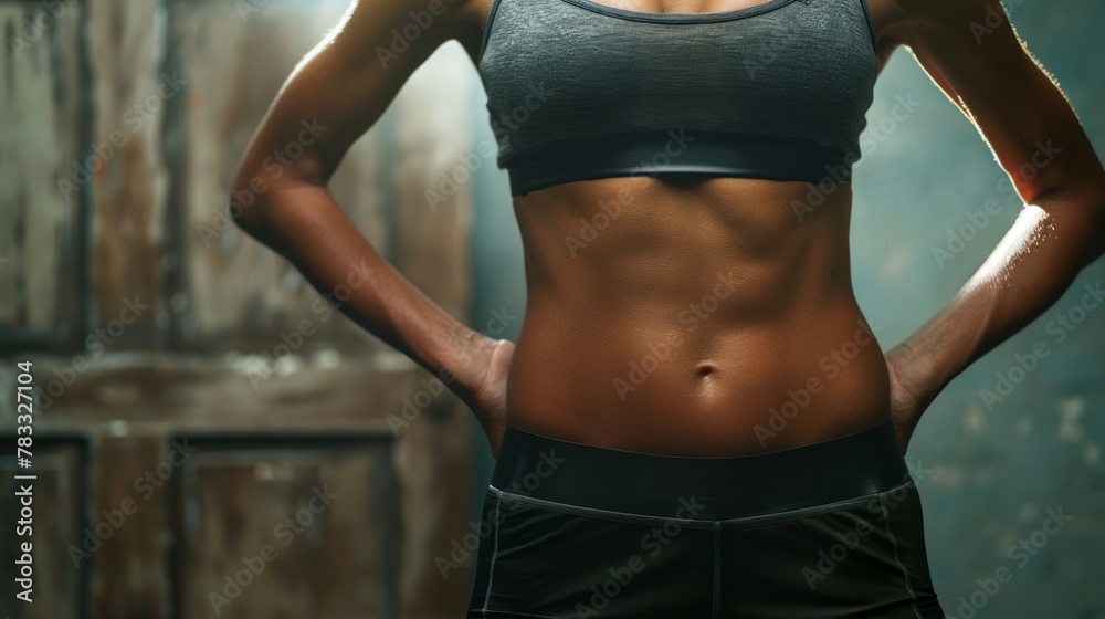 A woman in workout clothes shows off her figure with a perfect tummy. A woman in workout clothes shows off her figure with a perfect tummy.