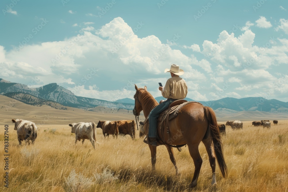 Cowboy on horseback managing cattle under a vast sky in a western landscape