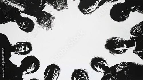 A black and white photograph of a group of people standing in a circle and looking at the camera. The photo appears upside down. photo