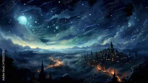 A fantasy-themed image depicting an intricate castle amongst mist-covered mountains under a celestial sky with shooting stars photo