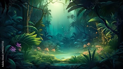 Captivating digital illustration of a tropical jungle scene bathed in a radiant glow that suggests an enchanting, otherworldly location