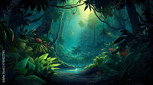 Digital painting depicting a secluded pathway through a dense tropical forest  illuminated by a soft moonlight  inviting mystery and exploration