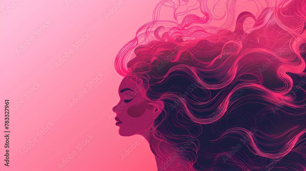 On a pink background, a woman with long wavy shoulder-length hair. Her hair is pink and appears to be full of energy.