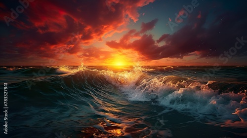 A dramatic scene of a vivid sunset with tumultuous ocean waves capturing nature's powerful beauty