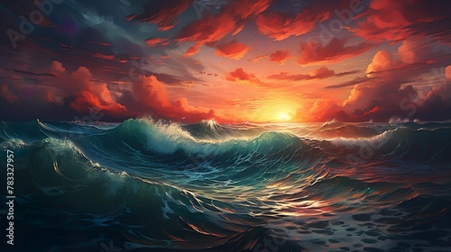 An artistic interpretation of stormy ocean waves during a fiery sunset, showcasing raw power and beauty