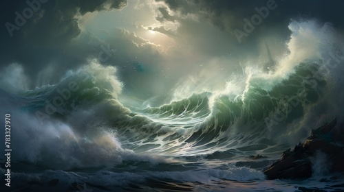 The artwork captures a violent storm over the ocean with turbulent waves and dramatic lighting from above © Nicholas