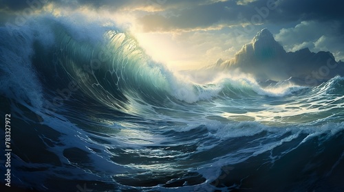 This digital painting showcases a towering ocean wave illuminated by sunlight breaking through stormy skies © Nicholas