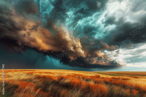 A dramatic storm approaching over a serene prairie, with dark, brooding clouds contrasting against the bright, sunlit grasses. 32k, full ultra hd, high resolution