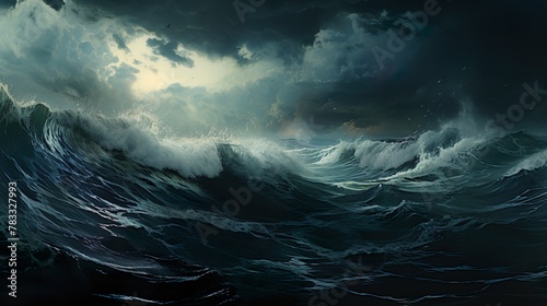 This image portrays a powerful wave on a dark and stormy ocean, capturing the ferocity of nature