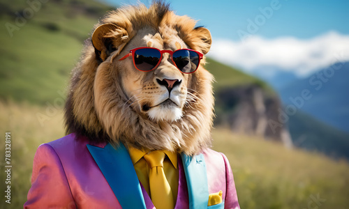 Lion wearing trendy colorful suit and sunglasses. Portrait medium shot. Natural blue sky scene