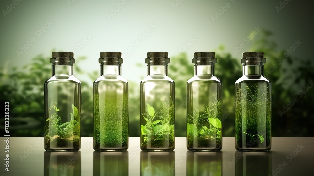 A beautifully arranged row of five glass bottles, each containing different varieties of lush green plants A beautifully arranged row of five glass bottles, each containing different varieties of lush green plants