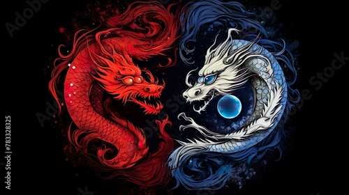 Vivid illustration of red and blue dragons with fiery and icy motifs clashing against a dark backdrop, symbolizing opposing forces