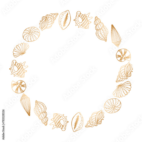 Gold luxury frame with contour seashells for invitation. Template, vector