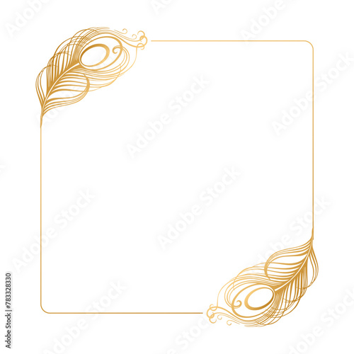 Golden luxury frame with peacock feathers for invitation. Template, vector
