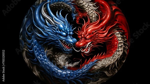 A mesmerizing circular arrangement of a red and a blue dragon illustrates the eternal cycle of opposition