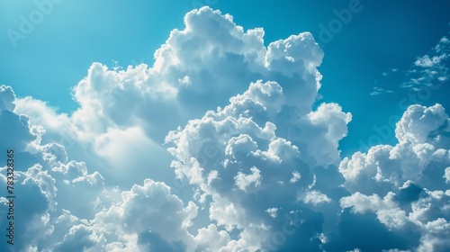 A plane flying through a blue sky with white clouds, AI photo