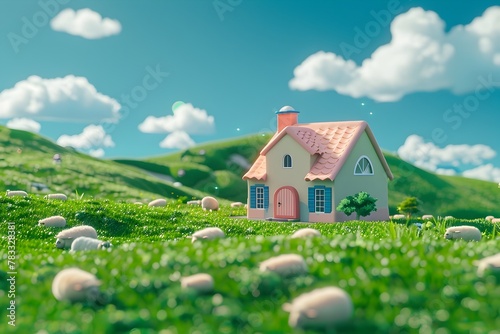 Idyllic Countryside Cottage: Charming Pink-Roofed House in a Peaceful Grass Field with Distant Sheep and Blue Sky photo