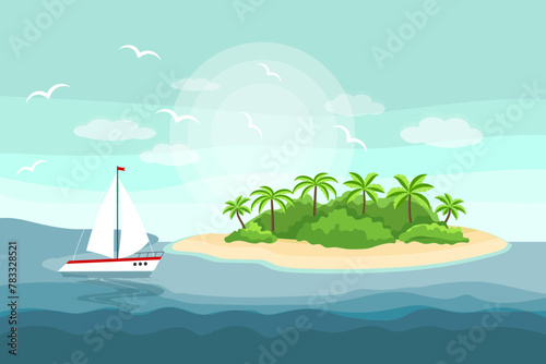 Seascape  idyllic paradise island with palm trees and mountains on the sea. Illustration  background  vector