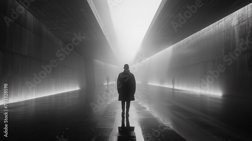 A person walking down a long hallway in the middle of night, AI