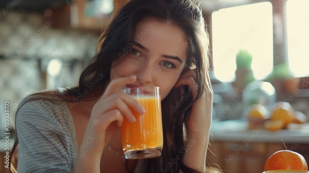 A woman with long brown hair sits at a table with a glass of orange juice and looks straight into the camera. There are several oranges on the table. Window in the background A woman with long brown hair sits at a table with a glass of orange juice and looks straight into the camera. There are several oranges on the table. Window in the background