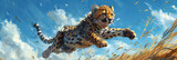 Flying cute cheetah character on blue sky,
A painting of a leopard on a cliff
