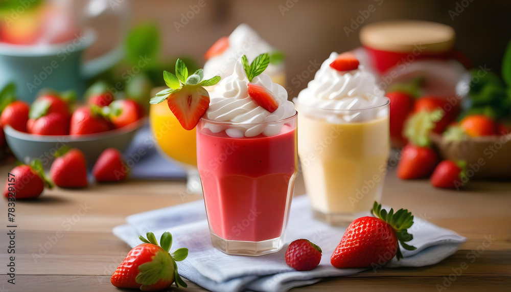 Strawberry and mango smoothie with whipped cream on top, placed on a wooden table with a blurred background. Strawberry and mango smoothie with whipped cream on top, placed on a wooden table with a blurred background.