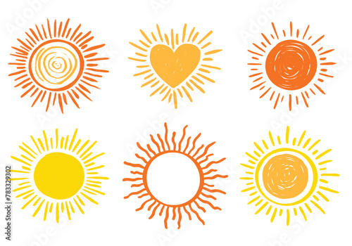 set of vector sun clipart, hand drawn colorful happy illustration, warm yellow orange, chalk sketch digital
