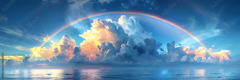 Rainbow in the blue sky with white clouds,
Fantastic panoramic view over clouds with rainbow
