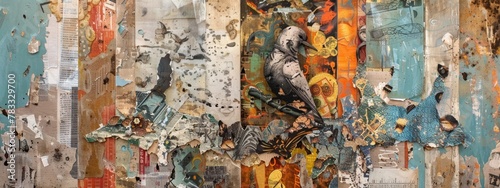 Textured Collage Art with Bird Imagery and Mixed Elements
