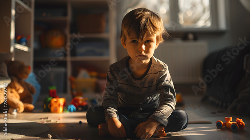 An autistic child sits alone in the corner of the room, surrounded by scattered toys, looking sad. photo