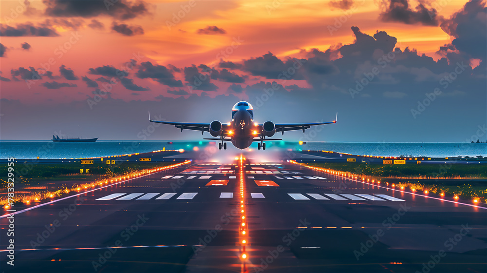 Big airplane landing or takeoff in exotic travel destination.