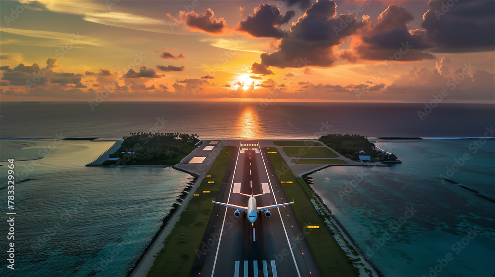 Big airplane landing or takeoff in exotic travel destination.