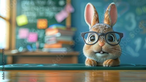 A cute kawaii 3D mascot character design rabbit bunny teacher wearing nerd geek glasses sitting on a desk in a classroom in front of a blackboard photo