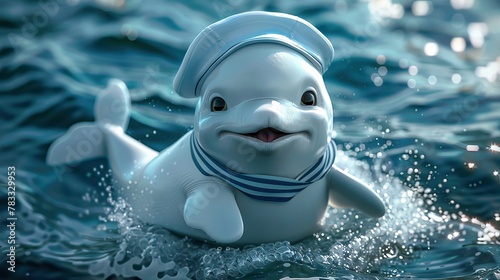 A cute kawaii 3D mascot character design baby beluga whale wearing a blue and white striped sailor hat and scarf is swimming in the ocean.