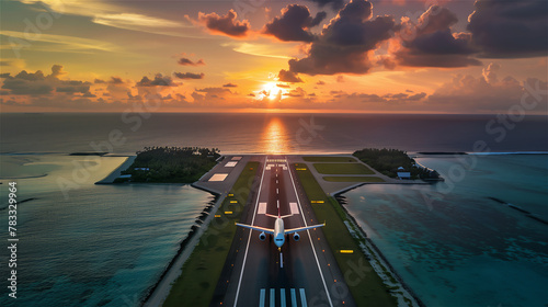 Big airplane landing or takeoff in exotic travel destination.