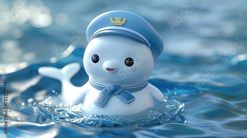 A cute kawaii 3D mascot character design cartoon beluga whale dolphin sailor wearing a blue hat and scarf floats in the water. photo