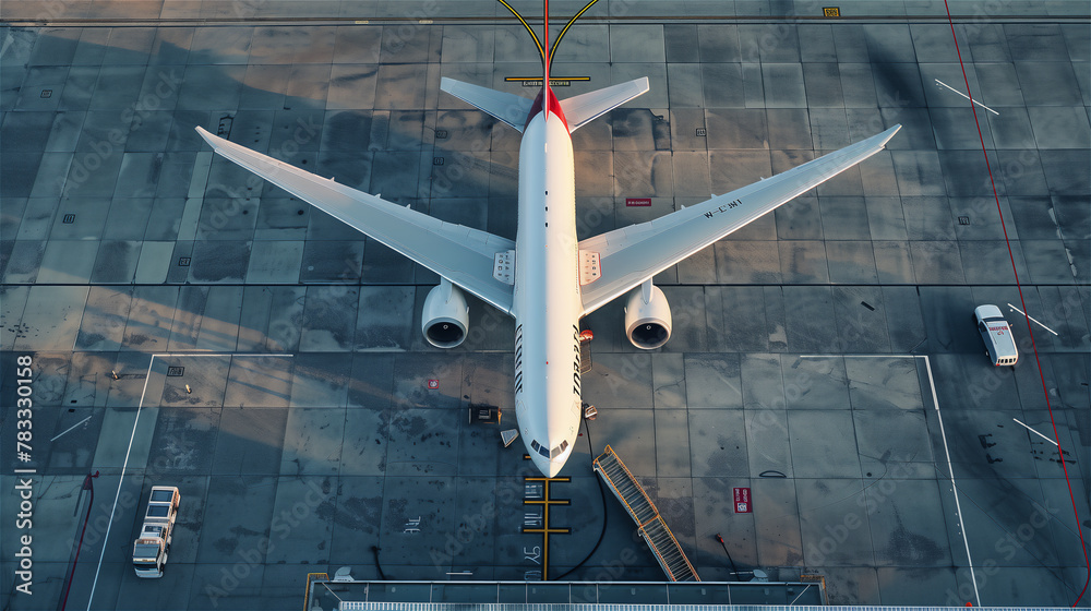 Top view of a passenger plane parked at the departures hall of an international airport. The plane is prepared for departure and refueled by the airport's technical service.