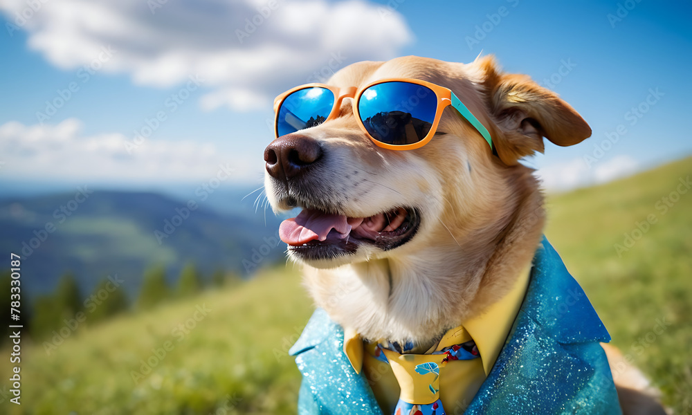 Dog wearing trendy colorful suit and sunglasses. Portrait medium shot. Natural blue sky scene